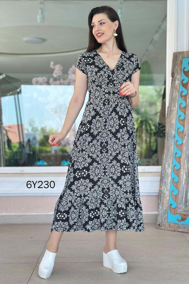 Double-Breasted Collar Skirt Pleated Viscose Dress 6Y230