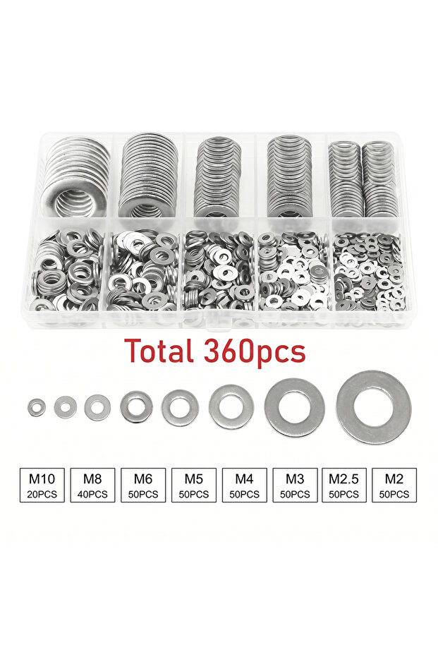 360pcs Stainless Steel Flat Washer Assortment Kit (M2, M2.5, M3, M4, M5, M6, M8, M10) - Suitable for