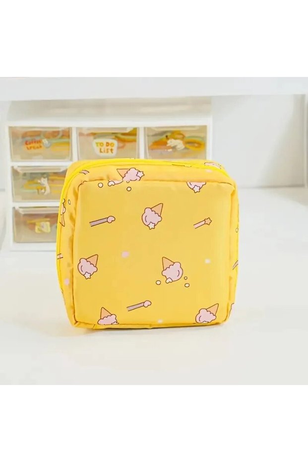 Yellow Ice Cream Women Sanitary Napkin Tampon Storage Bag Portable Waterproof Organizer Pouch Cartoo