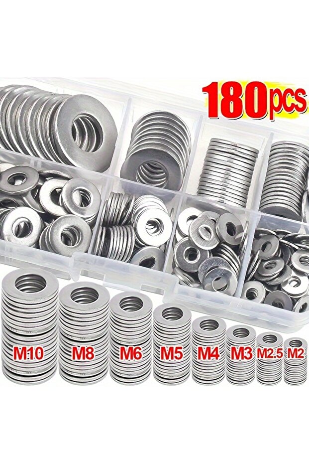 180pcs 180pcs Stainless Steel Washer Set, M2-M10 Size, Easy to Install, Durable Material, Ideal for
