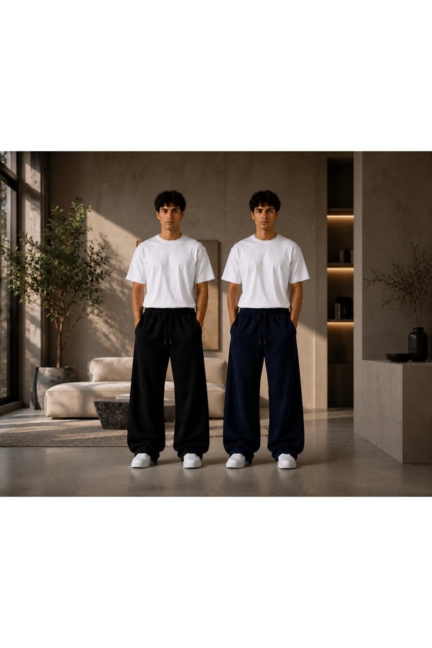 Men's Comfortable Fit 2-Piece Sweatpants Black Navy Blue Sports Bottoms with Pockets