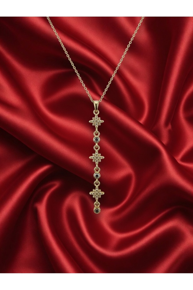 Gold and Silver Color Triple Pole Star Pendant with Zircon Stone Steel Necklace - Tarnish Resistant - 45cm