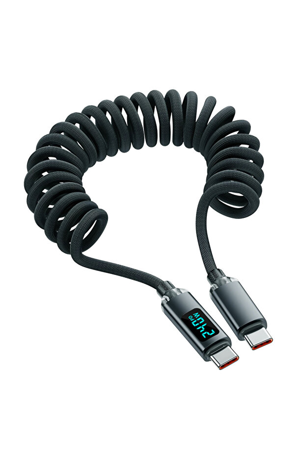 كابل شحن هاتف أسود مزدوج PD بقوة 240 واط، سلك شحن سريع للهاتف المحمول، USB-C، مجدول رقميًا.