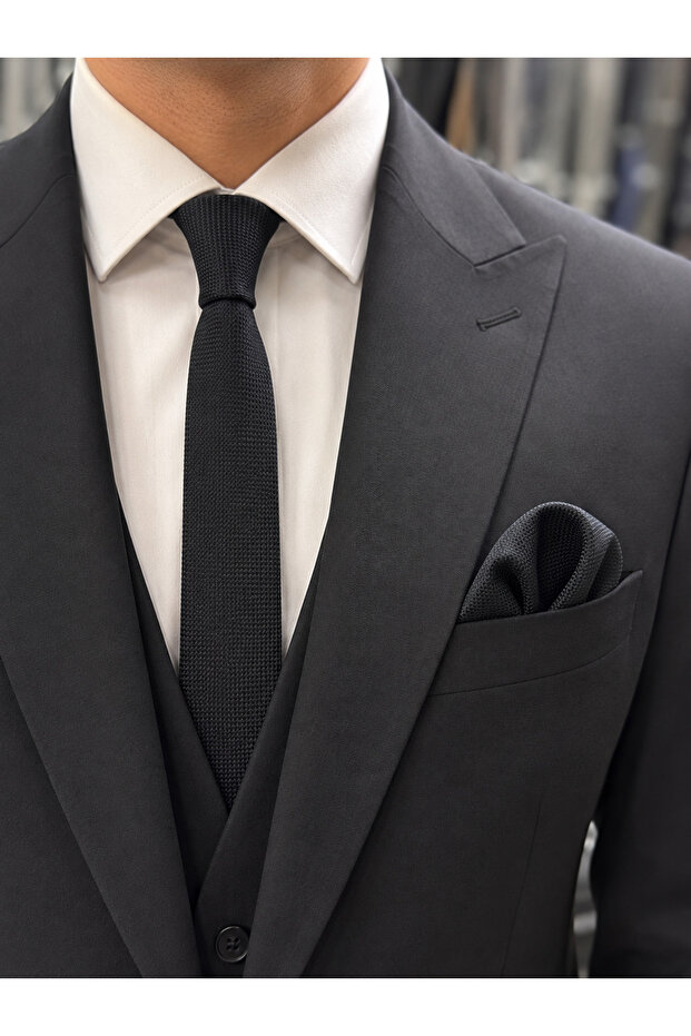 Black Woven Slim Tie & Handkerchief Set