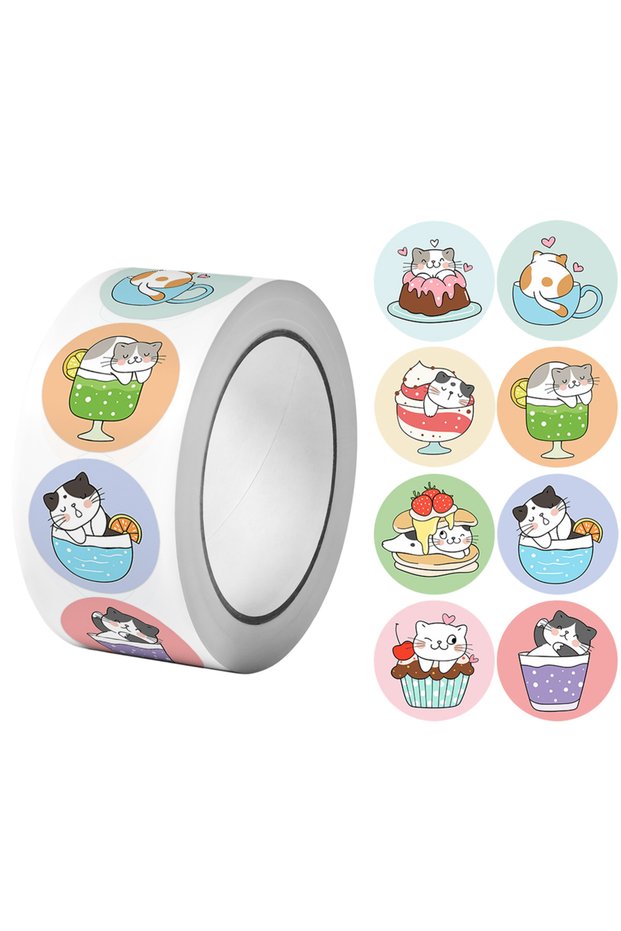 ZJY075 1Roll(500Pcs) Cute Cats in Cup Lovely Animal Stickers 2.5cm/1.0'' 8 Designs Decal Diy Adorn G