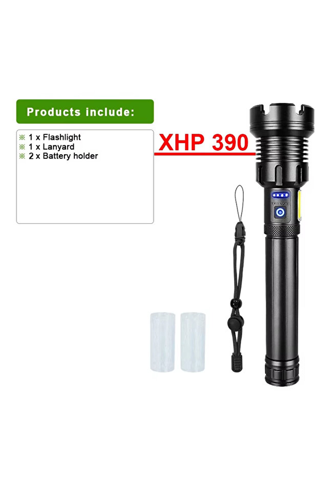 مصباح يدوي XHP390-D بدون بطارية، أقوى مصباح يدوي XHP390، مصباح يدوي قابل لإعادة الشحن عبر USB، إضاءة قوية تكتيكية