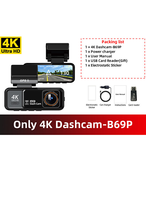 كاميرا لوحة القيادة B69P بدقة 4K مع واي فاي وGPS مدمجين ورؤية ليلية عالية الدقة وتسجيل حلقي