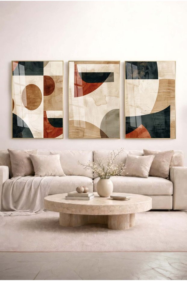 Colorful Geometric Patterned 3-Piece Glass Painting Set with Gold Metal Frame for Home and Office