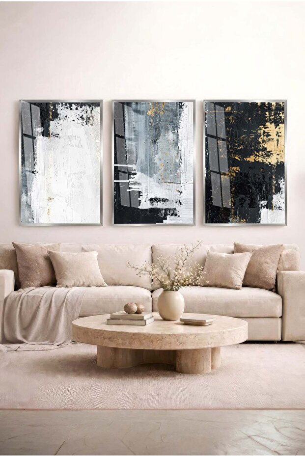 3-Piece Glass Painting Set with Silver Cloud and Golden Sparkle Concept, Silver Metal Framed Home and Office Painting