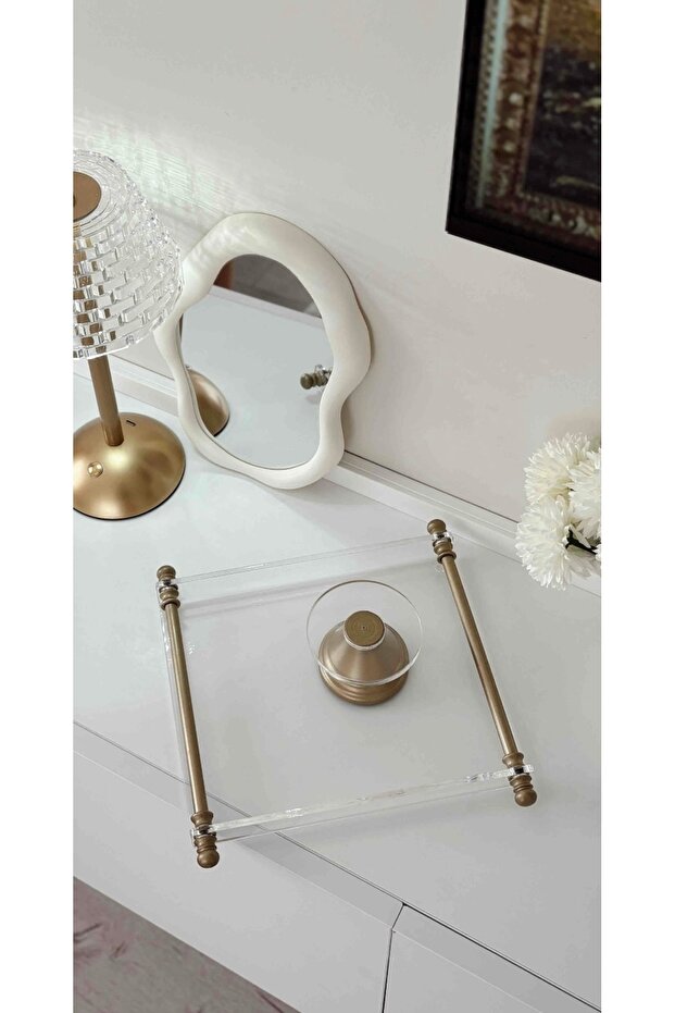 25X21 Square Plexiglass Tray & Glass Turkish Delight Container with Gold Metal Handles - Coffee Side Serving Set