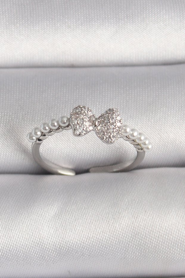Brass Silver Color Zircon Stone Bowknot Pearl Detail Adjustable Ring 5886 - Miyng9168-3731