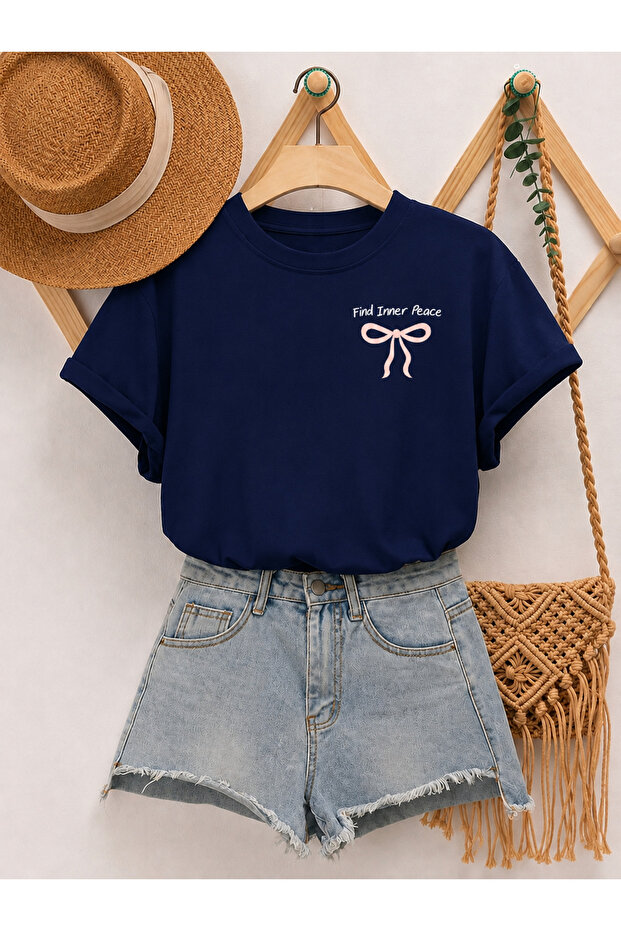 Unisex Navy Blue Pocket Ribbon Printed Crew Neck T-Shirt