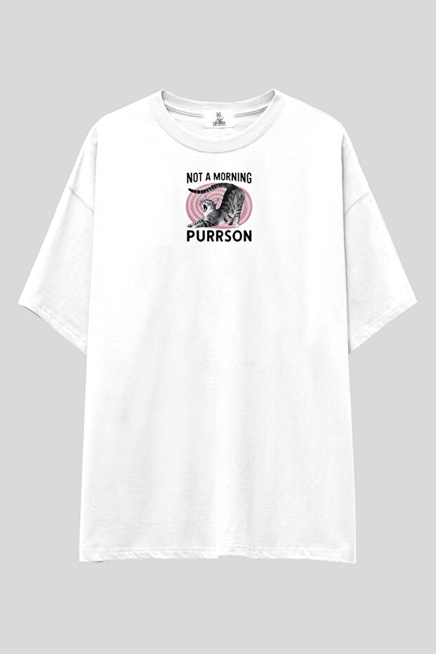 Not a Morning Purrson Cat Printed T-Shirt | Unisex 100% Cotton White Funny Text Custom Design Tee