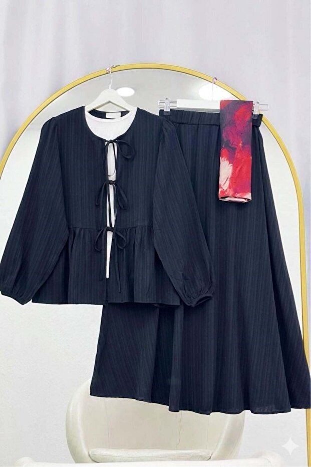 Tie-Front Elastic Sleeve Skirt Suit Black