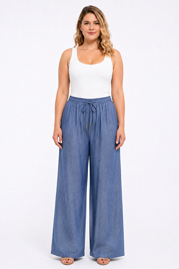 Women's Plus Size Blue, Elastic High Waist, Relaxed Fit Pocket Pants 65N39512