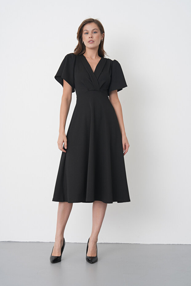 Black Crepe Fabric Double Breasted Collar Shoulder Padded Midi Dress 77164