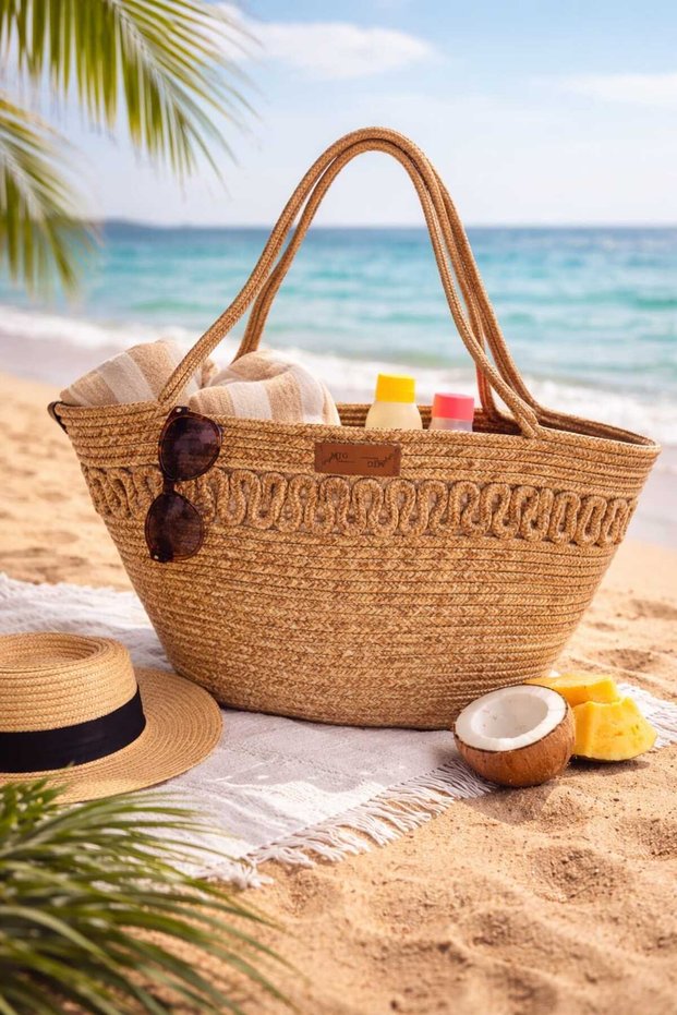 Beach Bag Made of Jute Cord, Handcrafted, Straw Color Patterned