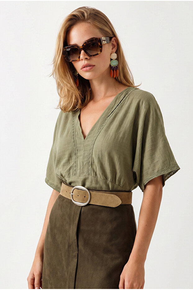 Women's Khaki Boho Lace Detailed Flam Cotton Blouse Blz-19003370