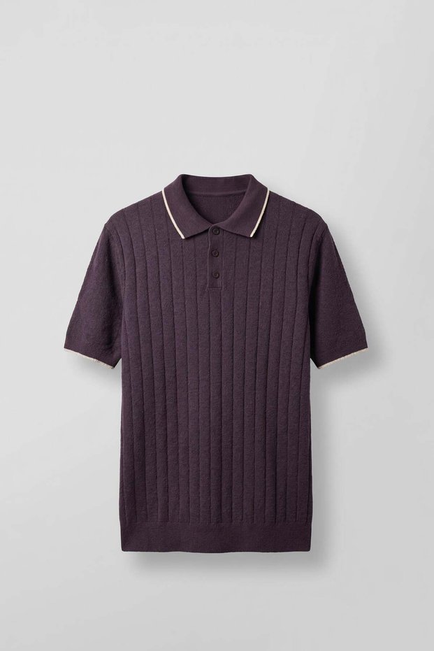 Men's Relaxed Fit Cotton Terry Polo Collar Knitwear T-Shirt Plum