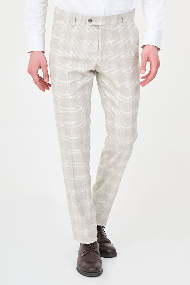 Plaid Slim Fit Classic Men's Trousers Beige - 38372.26Y
