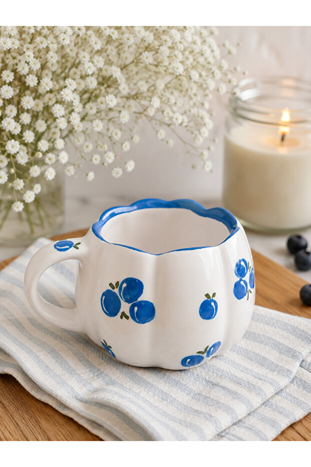 Special Embossed Fully Handmade Ceramic Mug with Blueberry Pattern and Mouth Wave Detail