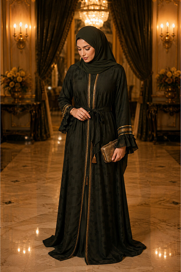 -Emerald Black Jacquard Abaya with Gold Trim Detailing