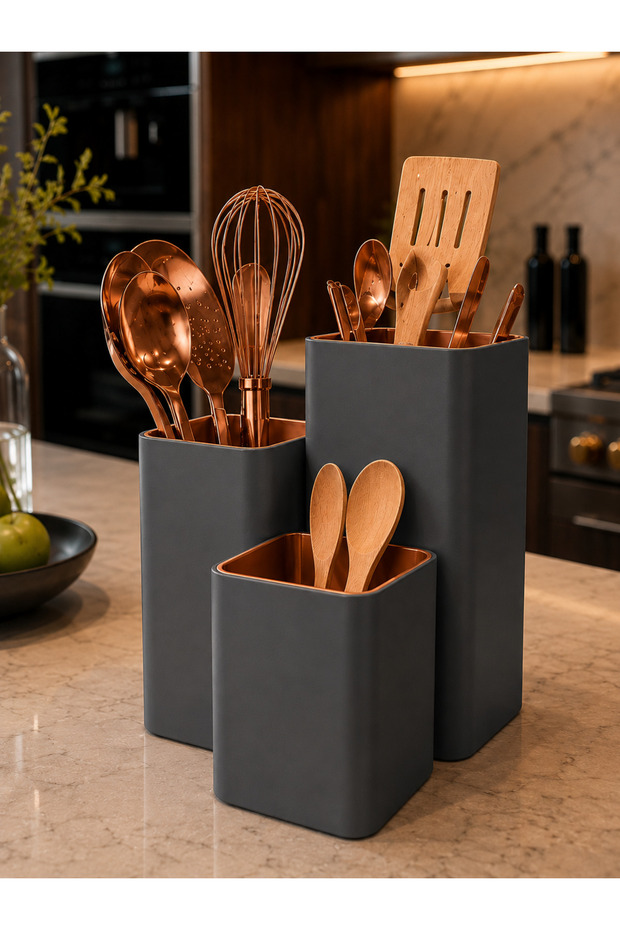 3-Compartment Modern Countertop Kitchen Utensil Holder | Kitchen Organizer Spoon Holder