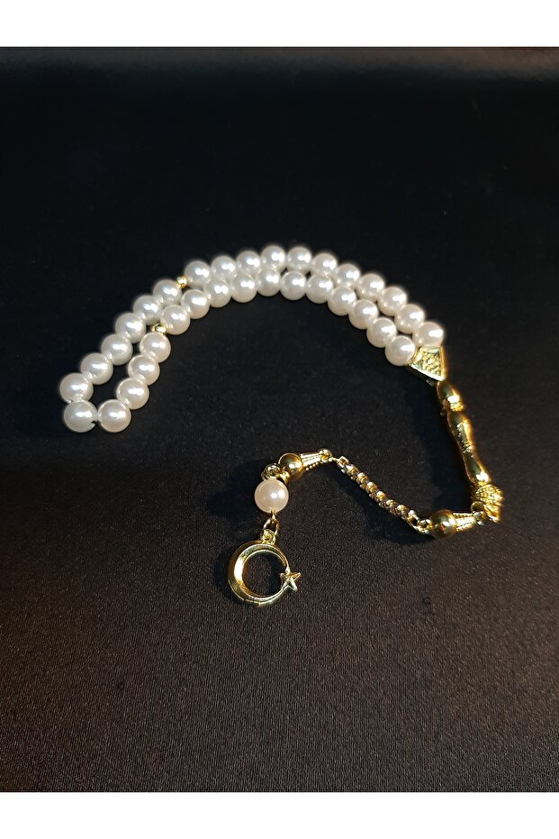 White Plastic Pearl and Gold Color Metal Detailed 33-Piece Prayer Beads