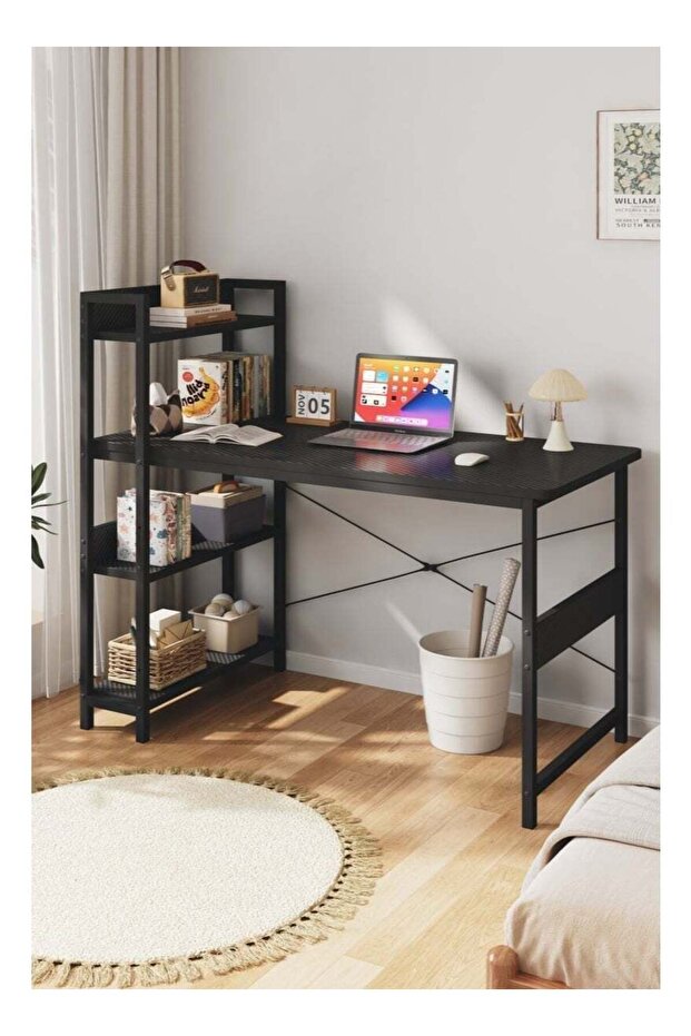 Study Desk with Multi-Tier Bookshelf, Gaming Table Computer Desk with Carbon Fiber Desktop