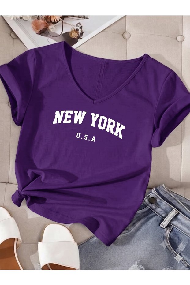 V-Neck Newyork Usa Printed Women's Regular Fit Tshirt