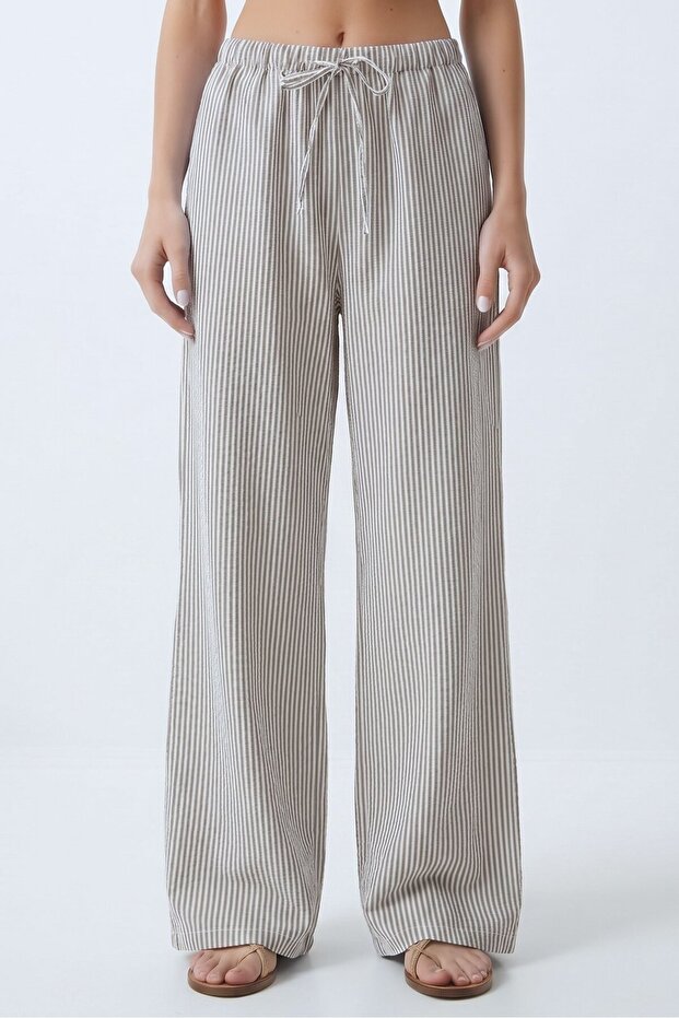 Striped Elastic Waist Wide Leg Woven Trousers