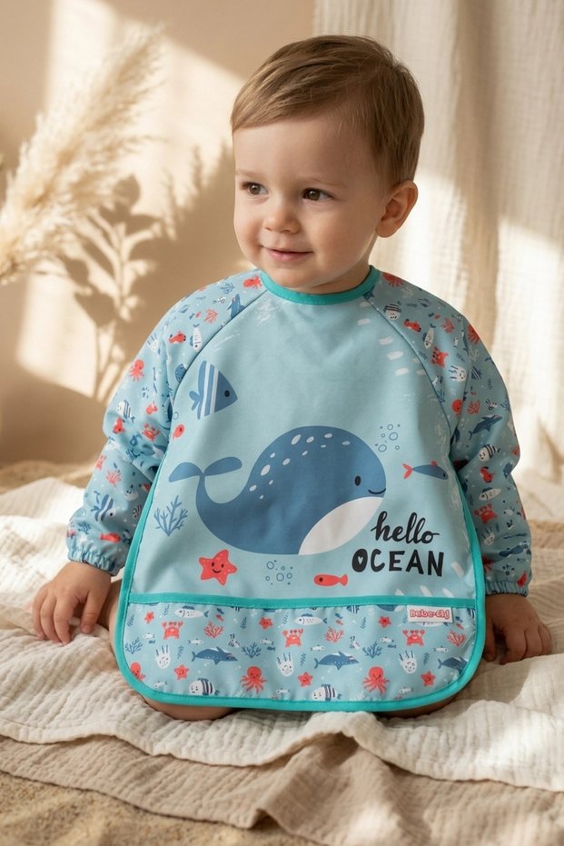 Marino Ocean Stain-Resistant Liquid-Proof Long Sleeve Baby Food Bib - Blue Whale Pattern Blw and Faa