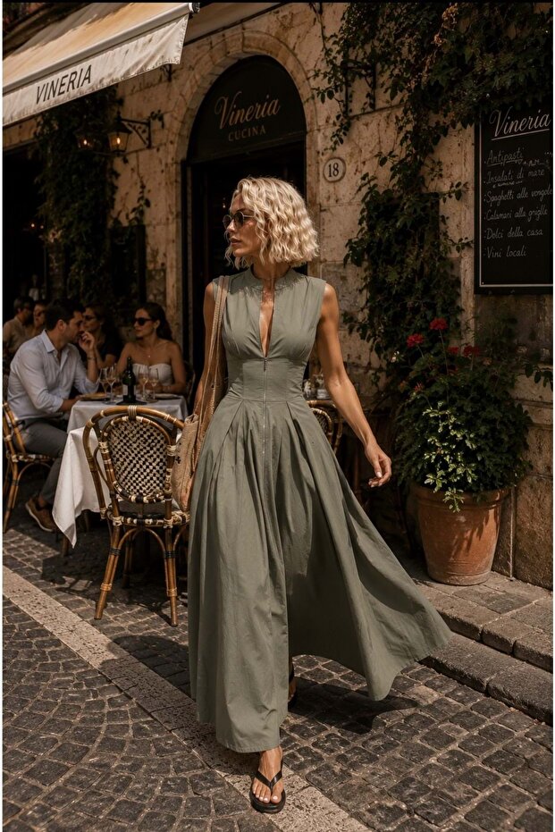 Olive Muse Poplin Fabric Zipper Detailed Premium Maxi Dress