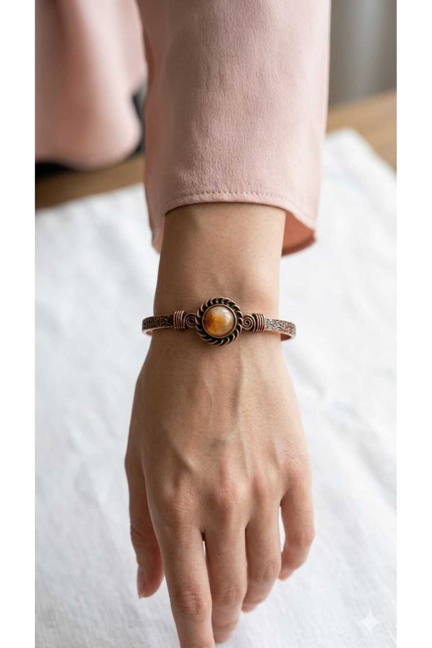 Citrine Natural Stone Vintage Women's Copper Bracelet for Twins, Leo and Aries Zodiac Signs