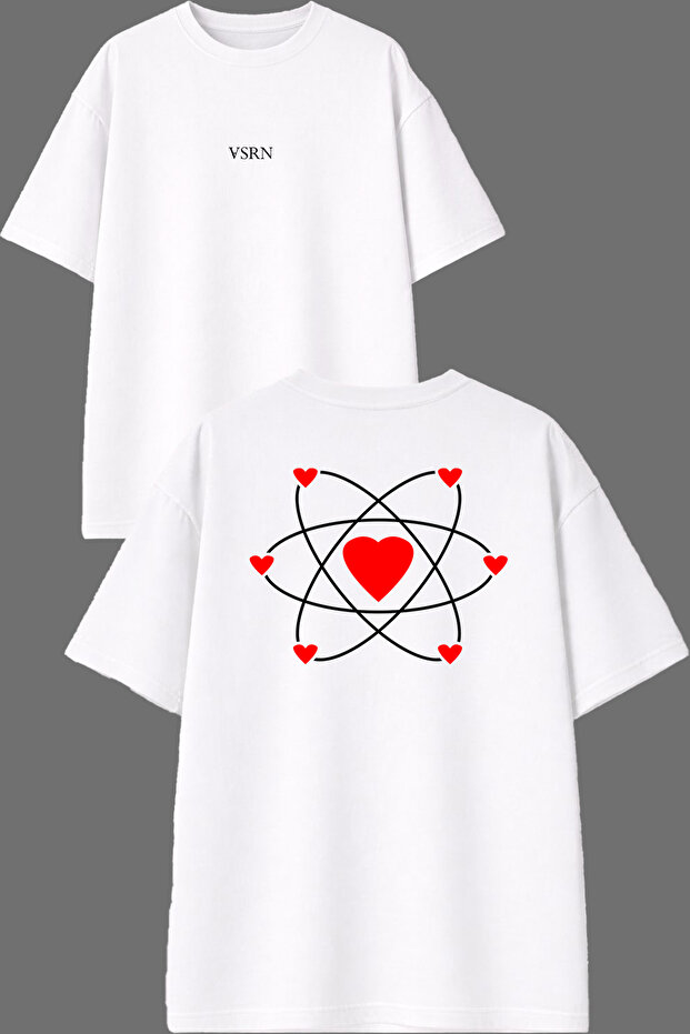 Heart Atom Design Front and Back Printed White Oversize T-Shirt