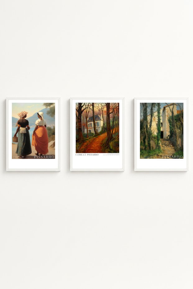 White Wooden Framed Camille Pissarro Painting Set Huhu555 - Triple Painting Set White Frame