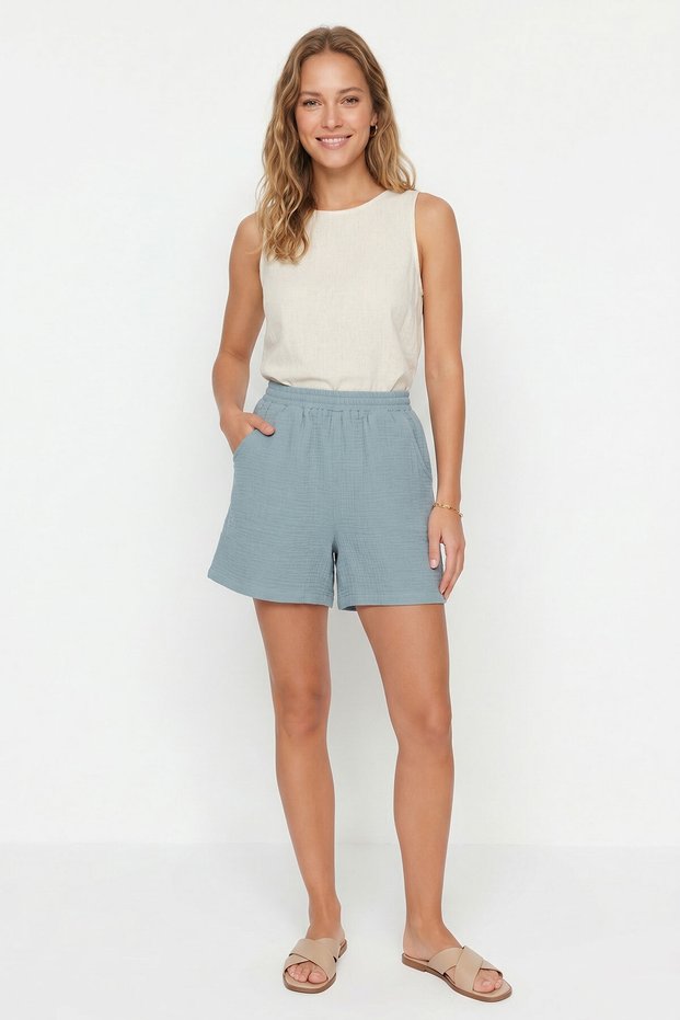 Women's 100% Cotton Muslin Shorts - Elastic Waist, Pockets, Comfortable Fit Summer Shorts