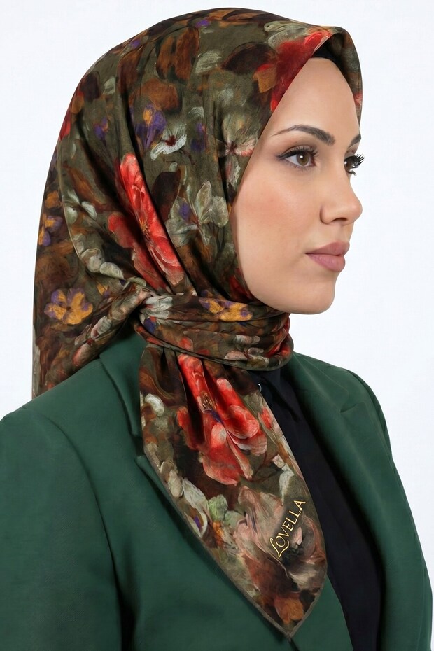 Women's Khaki Floral Patterned Organic Cotton Soft Scarf