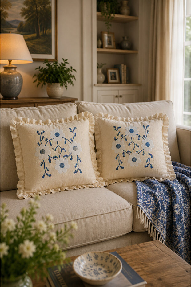 Pack of 2 Blue Floral Patterned Ruffled Throw Pillow Covers 100% Cotton Decorative Pillowcases 45X45 cm