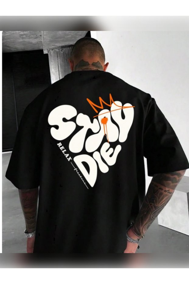Unisex Oversized Printed Crew Neck Short Sleeve Black T-Shirt