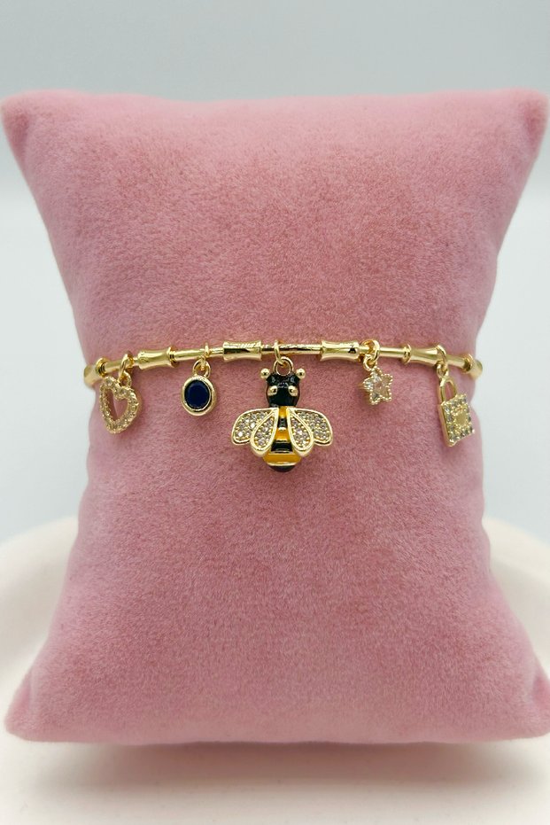 Gold Color Women's Charm Bracelet with Bee and Heart Detail - Adjustable