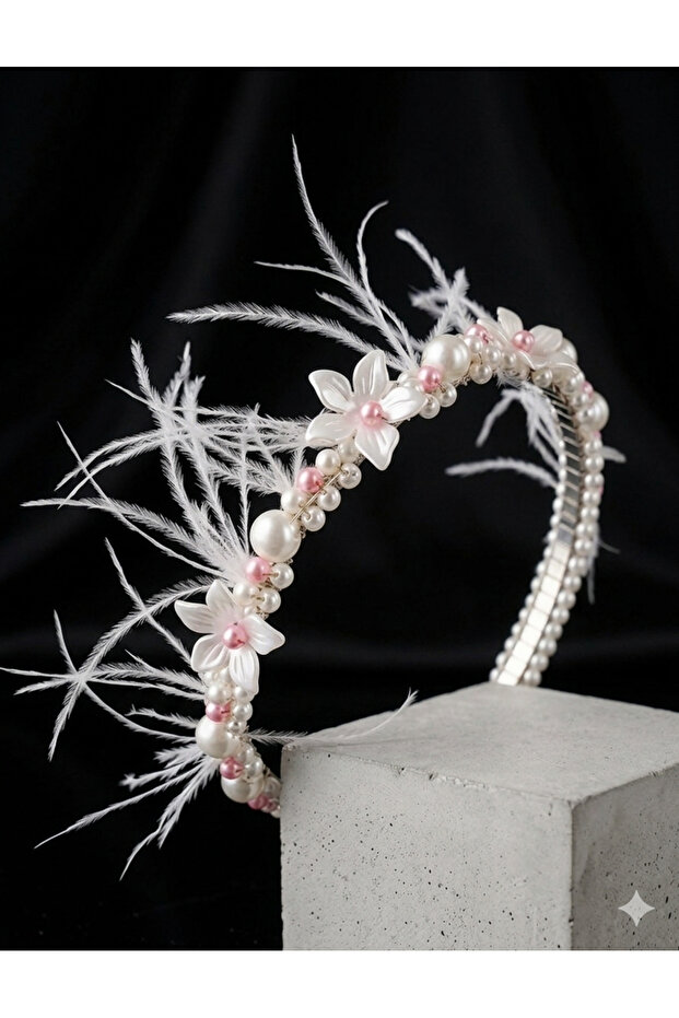 Elegant Crown with Feathered Pearls and Floral Details - Bridal, Maternity Crown, Engagement, Outdoor Shooting Accessory