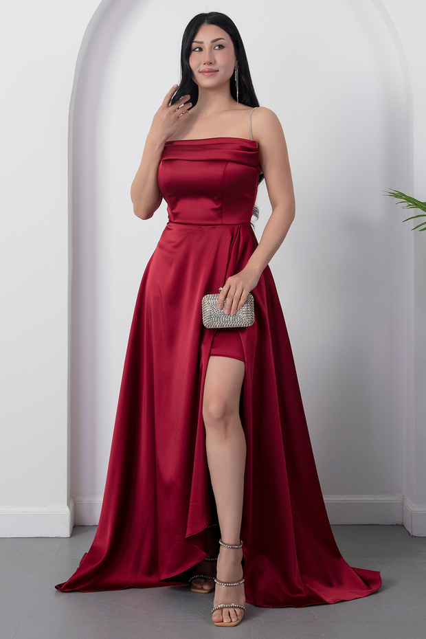 Strapless Neckline Rhinestone Straps Ruffle Satin Dress Drp582