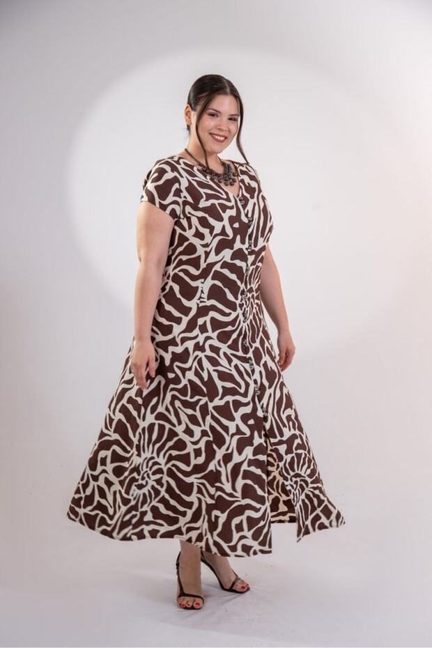 Plus Size V-Neck Button Detailed Dress