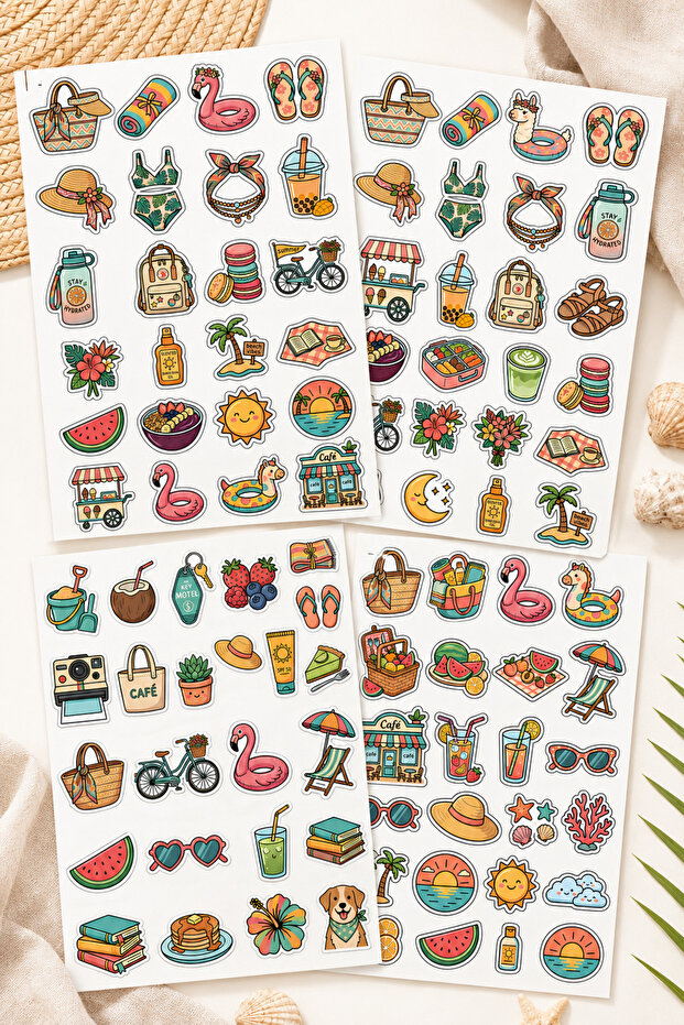 مجموعة ملصقات صيفية، مجموعة ملصقات Summer Vibes مكونة من 4 أوراق - ملصقات لطيفة لعطلة الصيف والشاطئ ودفتر مخطط يومي وملصقات للكمبيوتر المحمول