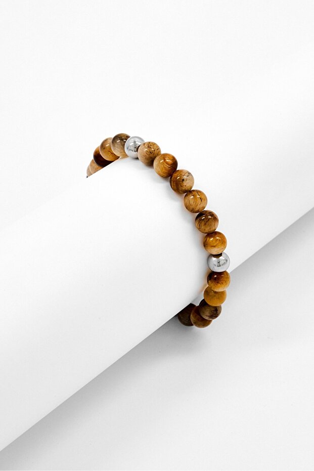 Men Stainless Steel And Tiger Eye Beaded Stretch Bracelet, Brown