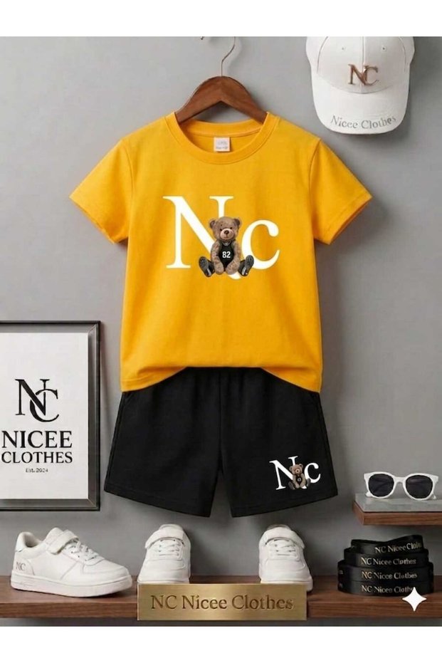 Summer Children's T-Shirt Shorts Unisex (White Nc Bear Print)