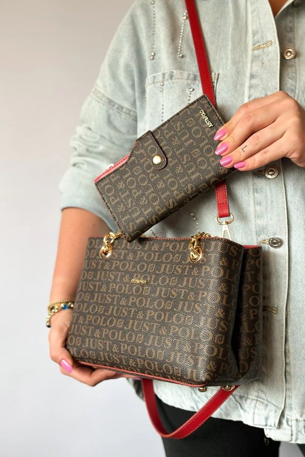 Women's Brown Red Shoulder Bag and Wallet Combination