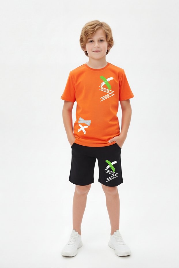 Round Neck X White Print Detailed Summer Boys' Top and Bottom Set