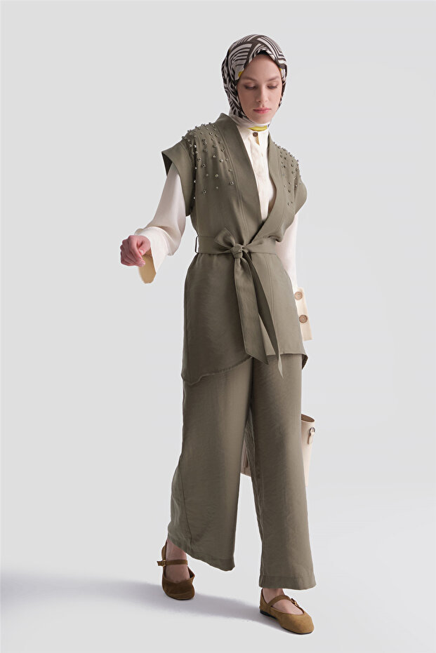 Stone Embroidered Modal Vest Suit in Oil Green